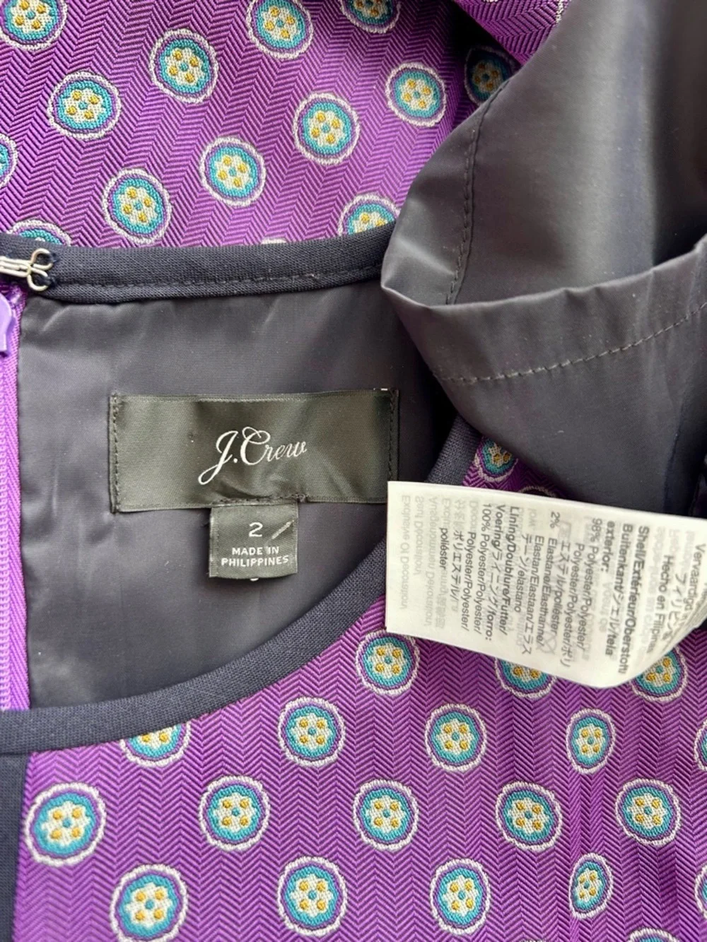 J Crew Sleeveless Sheath Dress Purple Medallion Foulard Print Size 2 Career Work